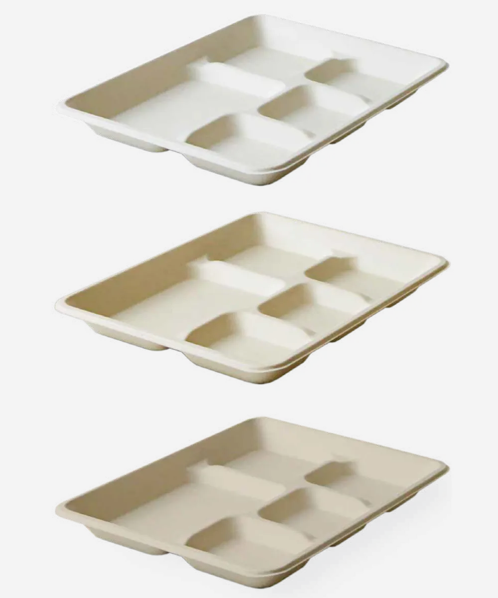 TRAY FIBER  10.5"X8.5 "5-COMPARTMENT COMPOSTABLE UNBLEACHED NATURAL RECTANGULAR - 500/CASE