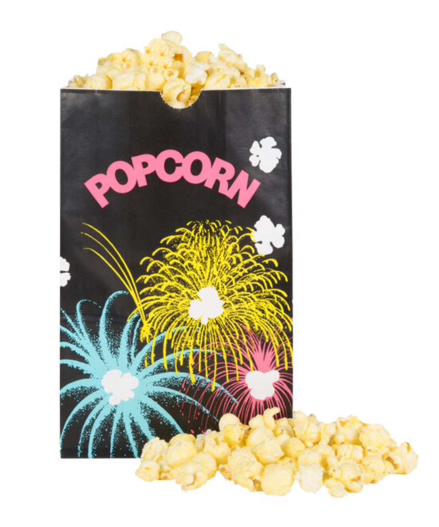 BAG POPCORN 85oz KRAFT 10"X5"X18" THEATER PRINT BLACK FUNBURST - 500/CASE