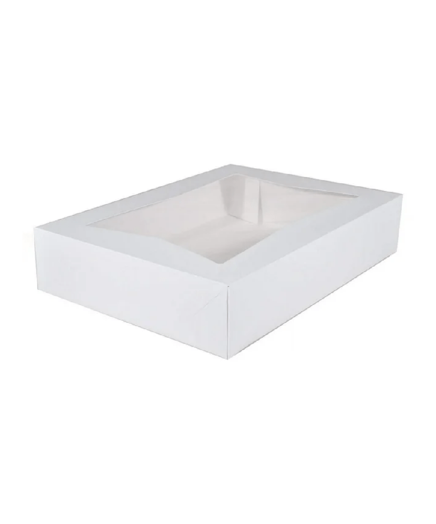 BOX CAKE HALF SHEET 19"X14"X4" WINDOW & ATTACHED LID WHITE PAPER BOARD RECYLABLE - 50/CASE