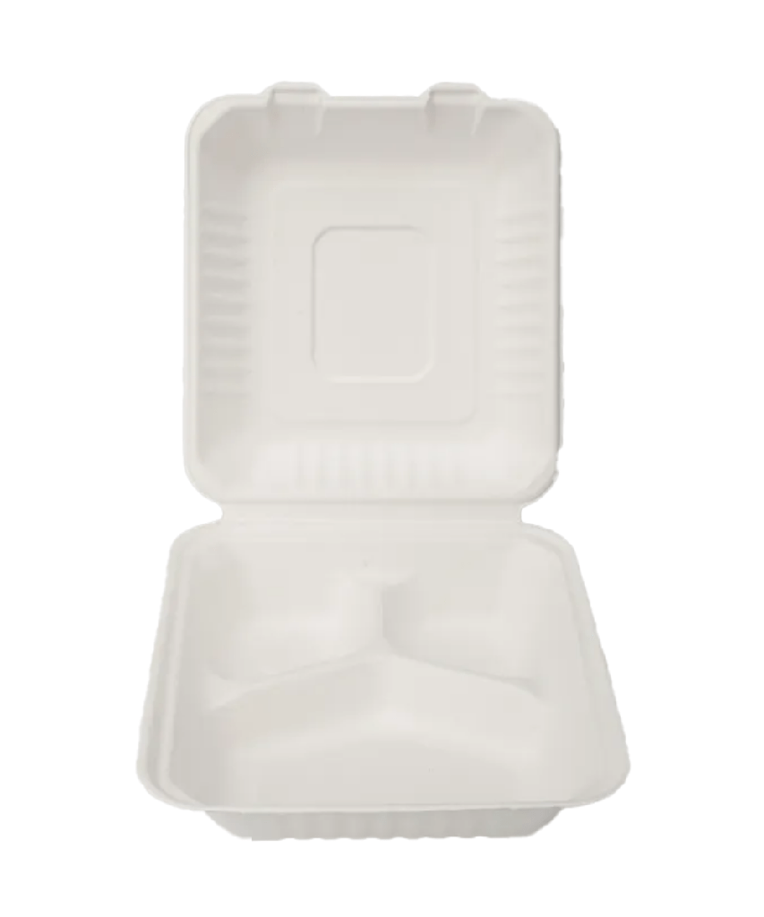 CLAMSHELL 8"X8"X3" BAGASSE  WHITE 3-COMPARTMENT HINGE LID CONTAINER COMPOSTABLE SQUARE PFAS-FREE - 200/CASE