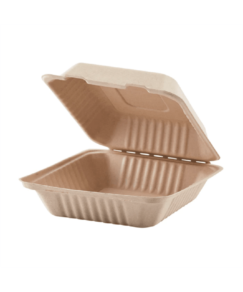 CONTAINER 1-COMPARTMENT 10"X10"X3" BAGASSE NATURAL HINGE LID KRAFT PFAS-FREE  - 200/CASE