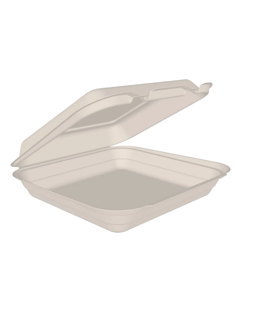  CONTAINER 9"X9" BAGASSE NATURAL 1-COMPARTMENT HINGE LID SQUARE COMPOSTABLE PFAS-FREE  - 200/CASE
