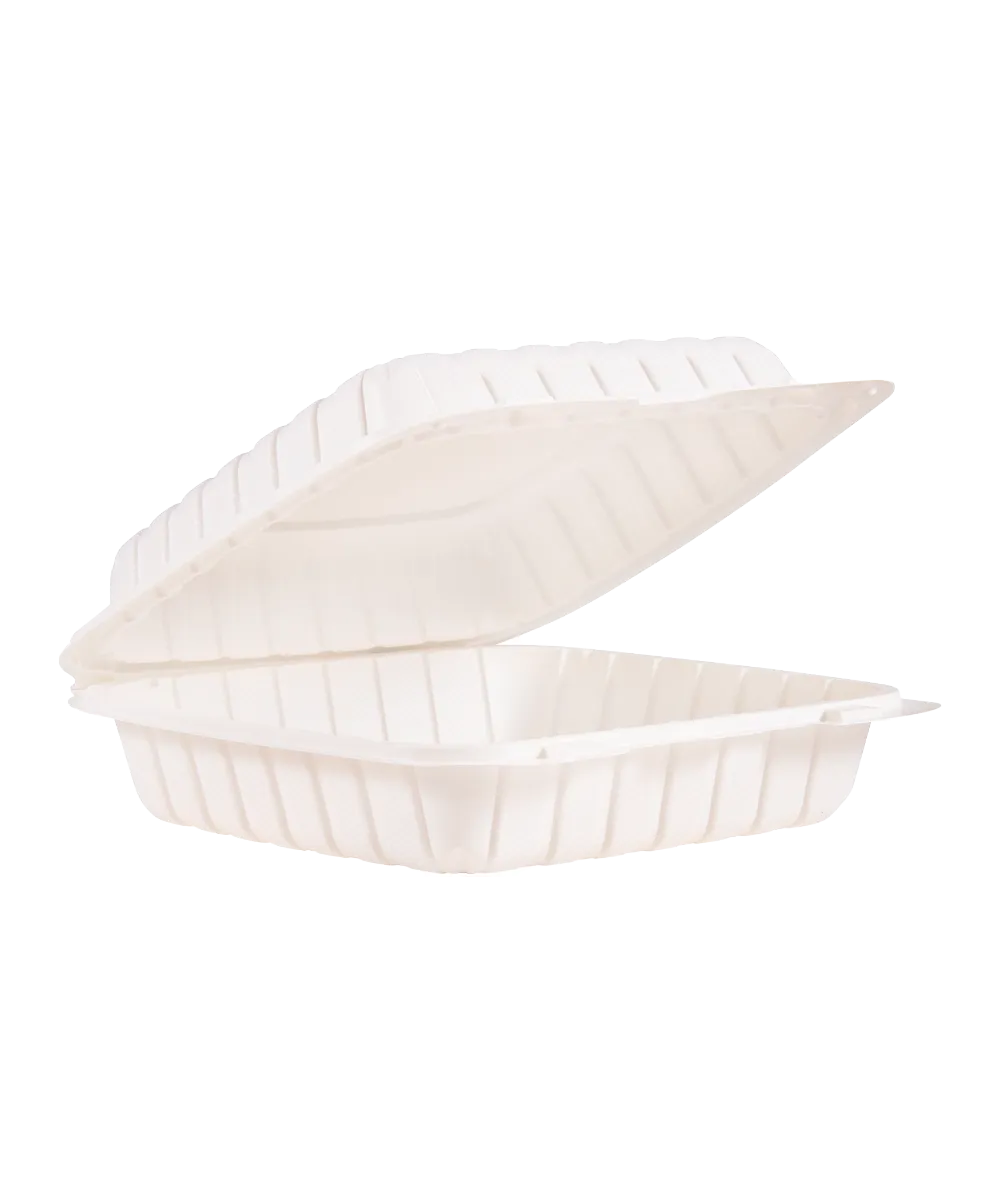 CONTAINER 9" PP PLASTIC WHITE SQUARE 1-COMPARTMENT HINGE LID - 150/CASE