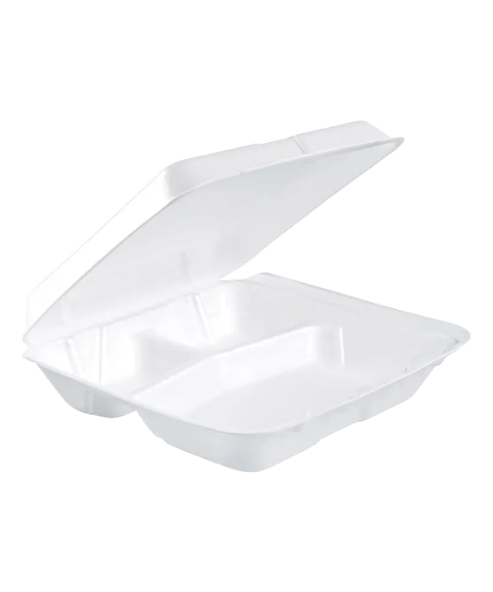 CONTAINER 3-COMPARTMENT 8"x8.5"x3" WHITE FOAM HINGED LID - 150/CASE