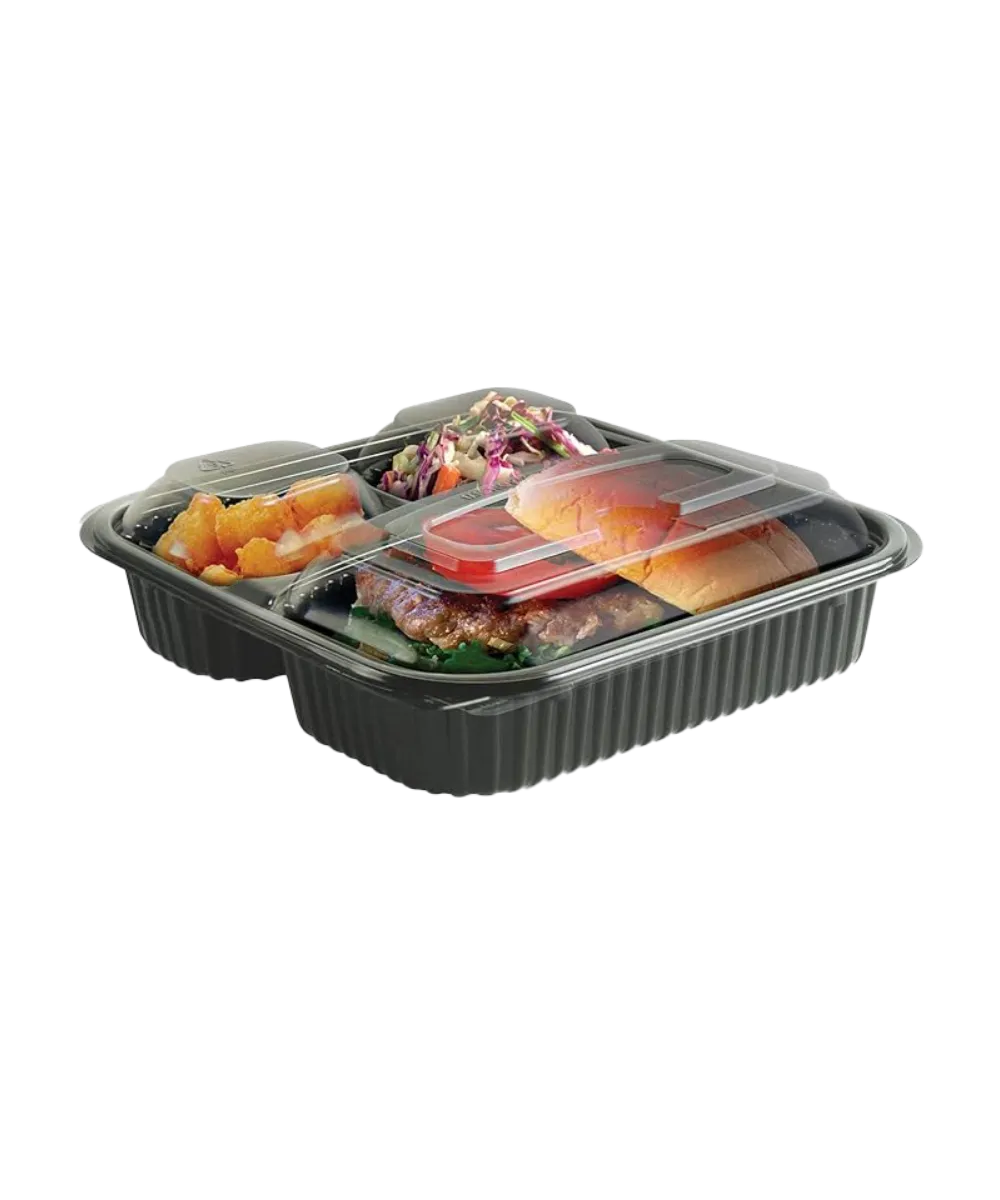 CONTAINER 8.5" WITH LID COMBO 3-COMPARTMENT BLACK PLASTIC SQUARE - 150/CASE