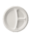 BAGASSE PLATE 10" 3-COMPARTMENT ROUND WHITE PFAS FIBER NO ADDED - 500/CASE