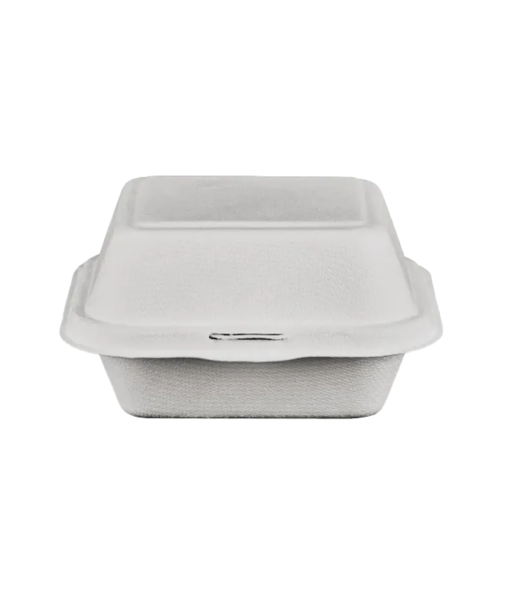 CONTAINER 6"X6"X3" ECOFIBER WHITE 1-COMPARTMENT  HINGE LID, OIL AND WATER LEAK RESISTANT SQUARE PFAS-FREE  - 500/CASE