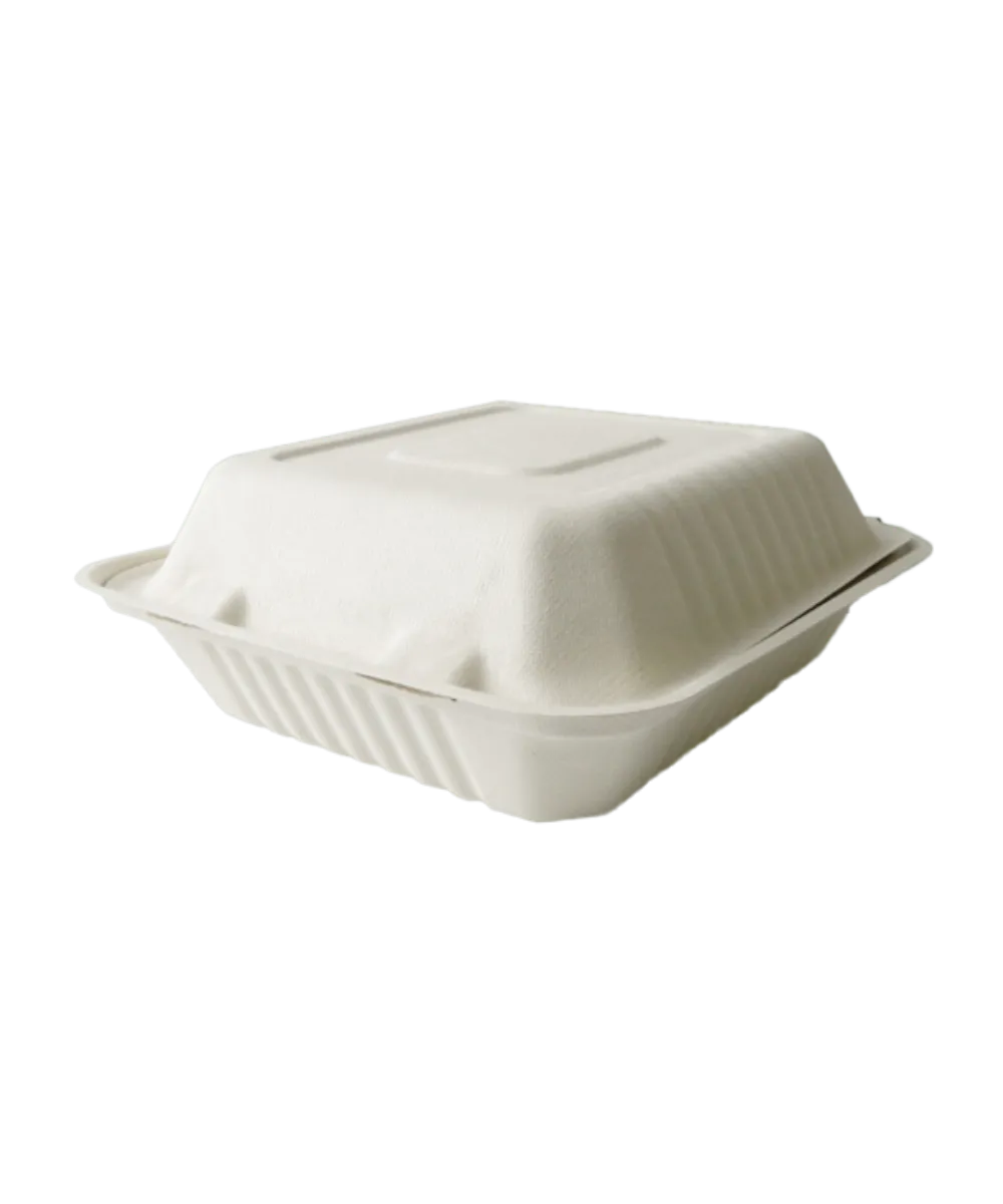 CONTAINER 8" FIBER CLAMSHELL 1-COMPARTMENT NATURAL HINGE LID SQUARE CLARION COLLECTION COMPOSTABLE PFAS-FREE - 200/CASE