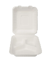 CLAMSHELL 8"X8"X3" BAGASSE  WHITE 3-COMPARTMENT HINGE LID CONTAINER COMPOSTABLE SQUARE PFAS-FREE - 200/CASE